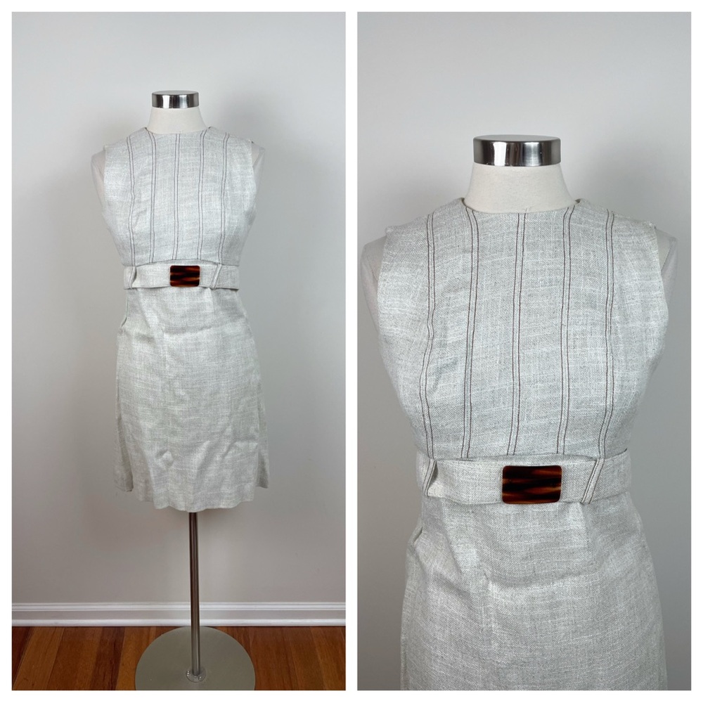 Gay Gibson Vintage Flax Cream Gray Tan Tortoise Shell Colored Belt Dress Women